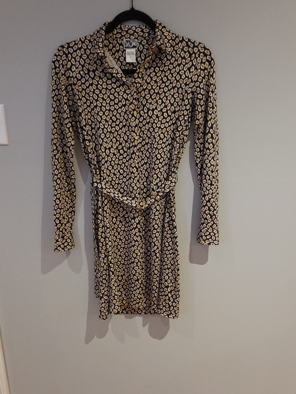 DVF Black Shirt Dress with Yellow Print and Belted Waist Size 2